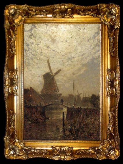 framed  Walter Moras A figure crossing a bridge over a Dutch waterway by moonlight, ta009-2